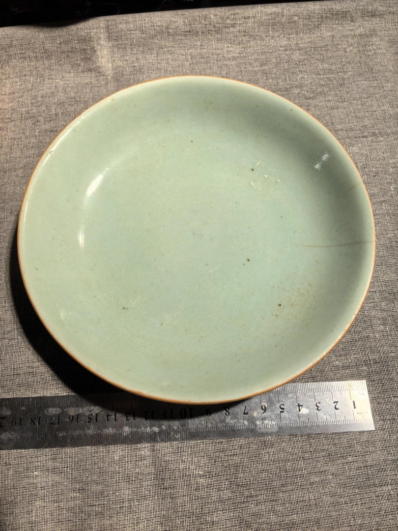 豆青釉盘子@短冲@小磕@口径19公分