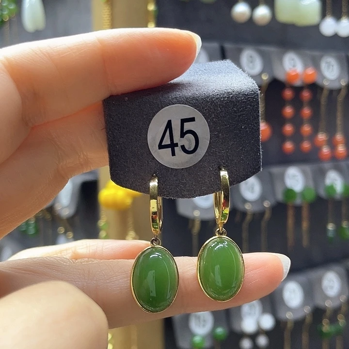 和田玉银S925镀金镶嵌耳饰