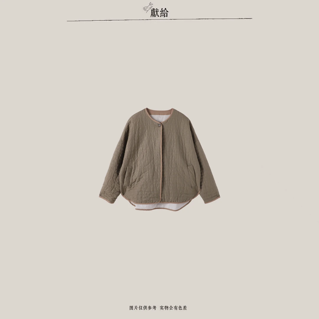 dedicate/短款无领棉麻民族风棉服/休闲百搭复古宽松