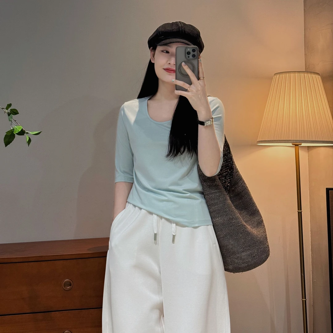 夏季女款纯色休闲简约时尚宽松显瘦U领气质风T恤-J25203310