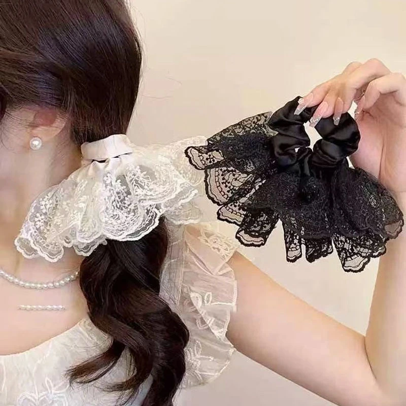 超仙欧根纱双层裙摆蕾丝发圈高级感气质发饰低马尾头绳甜美大肠圈