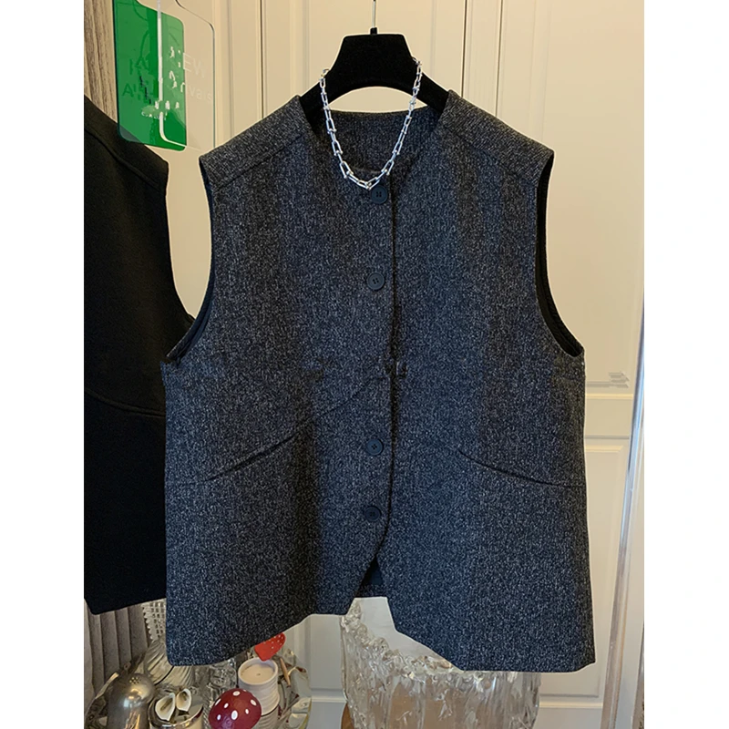 高级感小香风名媛气质毛呢西装马甲背心中长款宽松外套上衣秋季