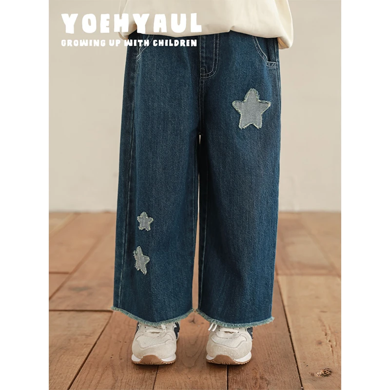 幼悠【可爱星星】春壹波春秋休闲复古洋气宽松女童牛仔直筒裤C3012