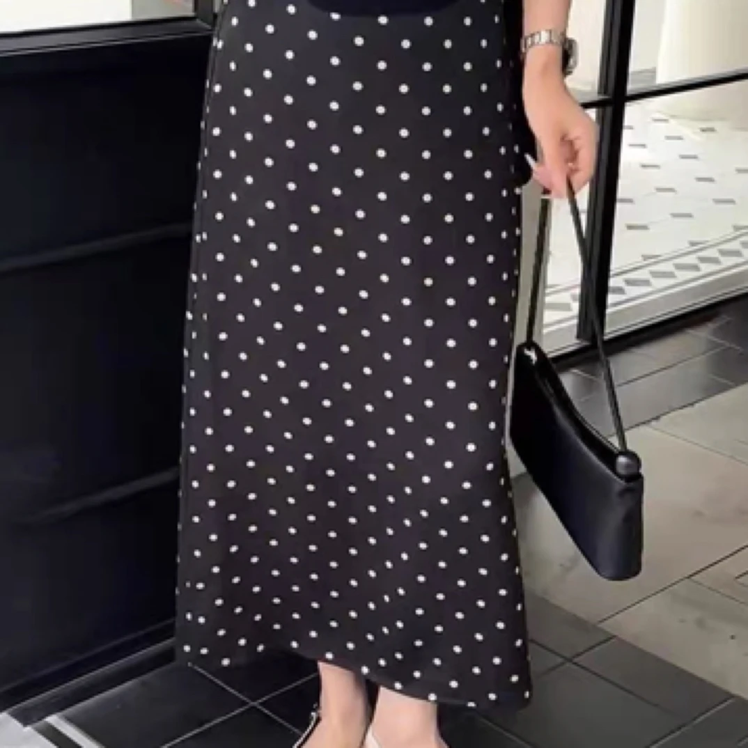 波点印花高腰显瘦中长款开叉百搭夏季女士半身裙
