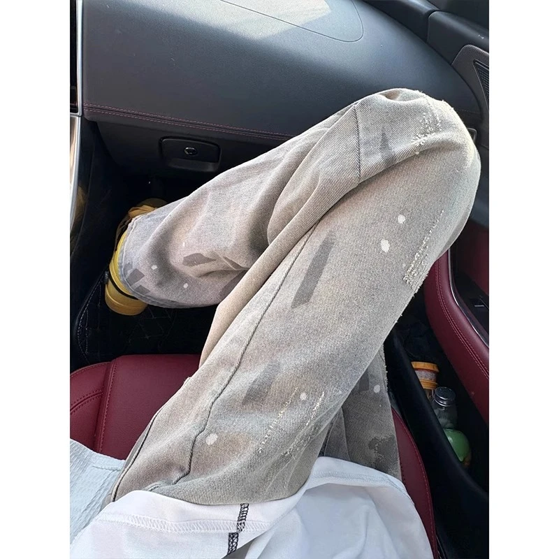 美式复古泼墨扎染猫爪痕牛仔裤男vintage水洗裤子宽松直筒微喇裤