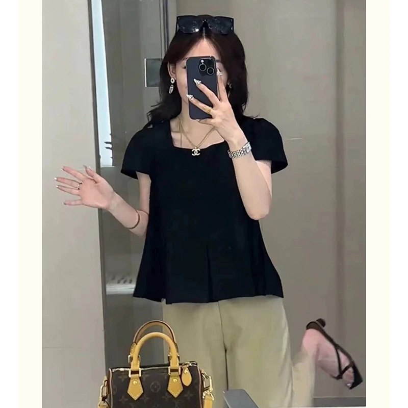 雪纺衫女2025夏季新款百搭显瘦宽松方领衬衫遮肚子微胖妹妹上衣