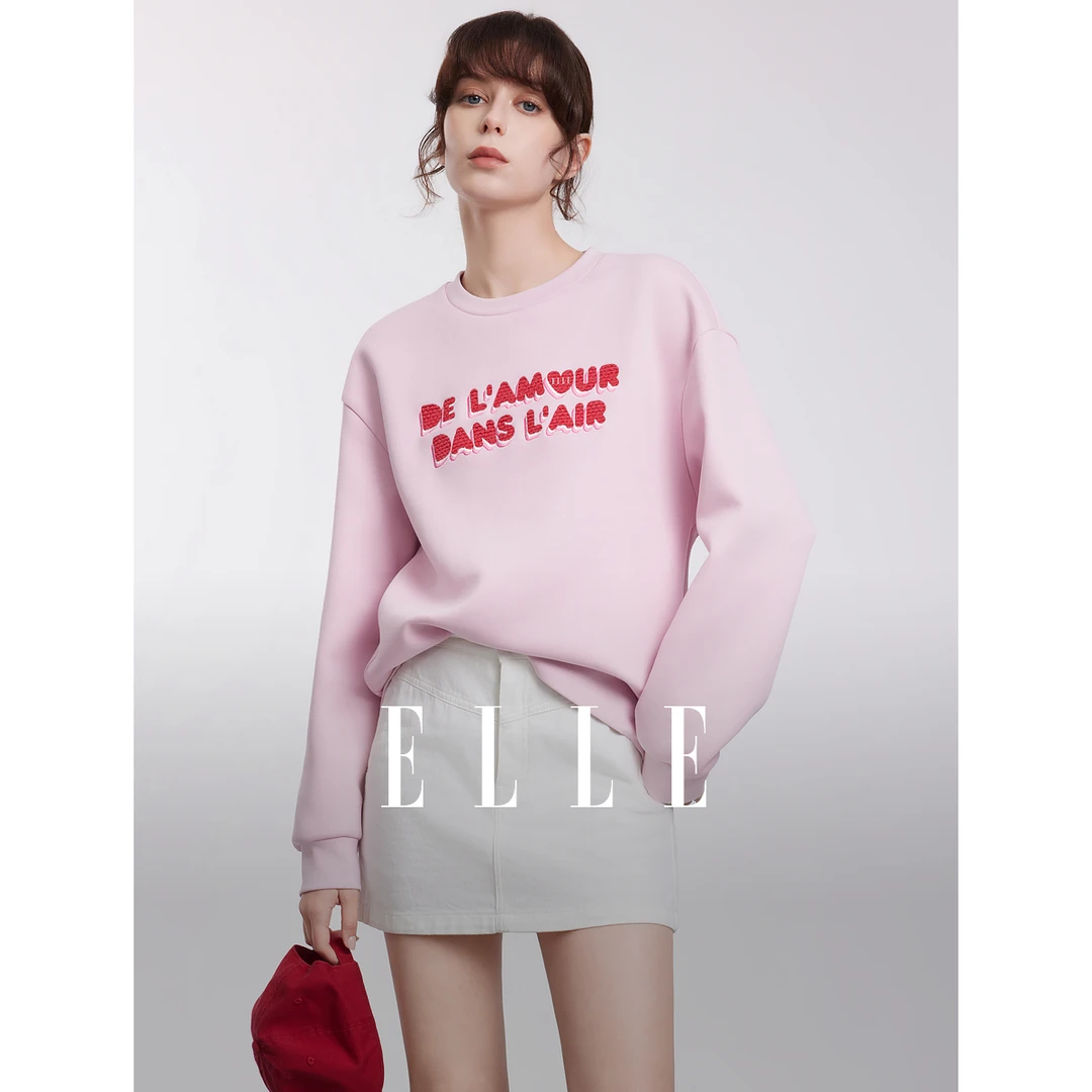 【王雪糕专属】ELLE粉色浪漫刺绣圆领长袖卫衣25春季新套头EW50869