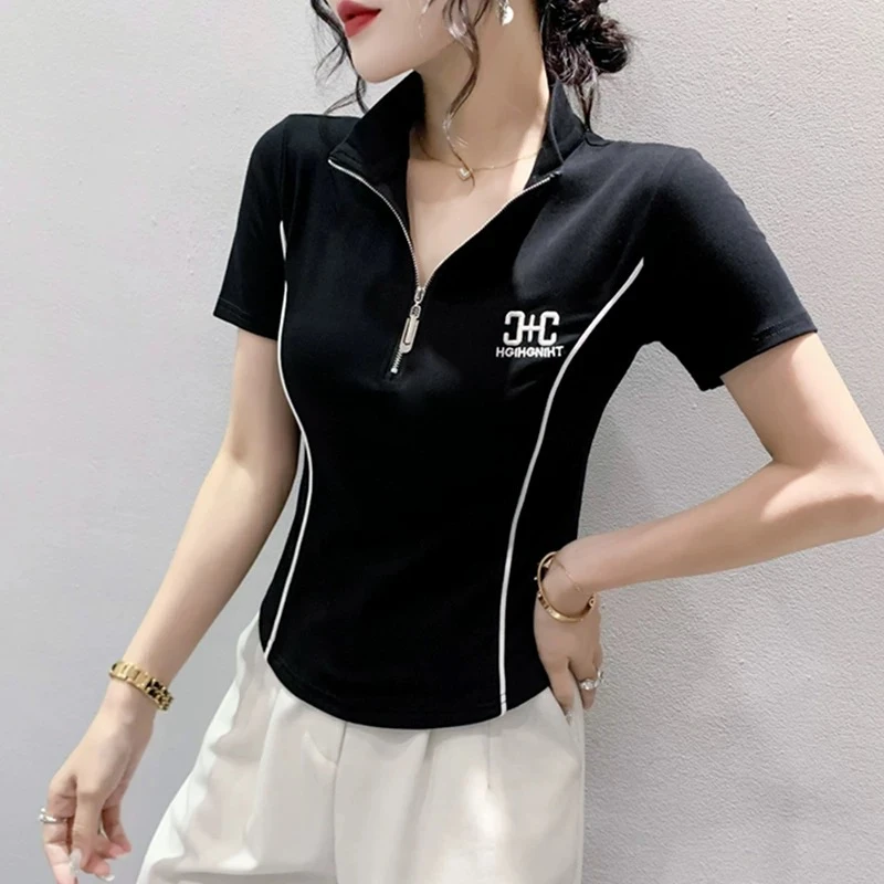 无印心匠A58922-1 休闲运动显瘦夏季女士拉链立领百搭短袖K1018