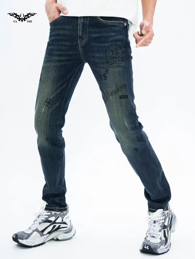 【亚仕正品】高端冬款蓝色刺绣印花时尚水洗百搭牛仔裤91169