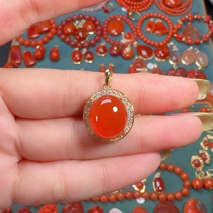 南红玛瑙银S925镶嵌吊坠