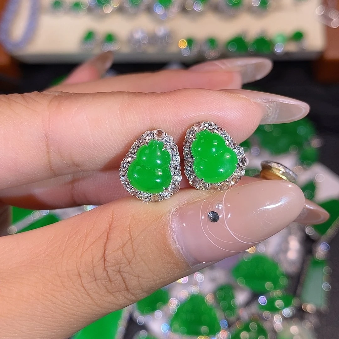 翡翠18K金镶嵌吊坠(不含链)葫芦耳钉