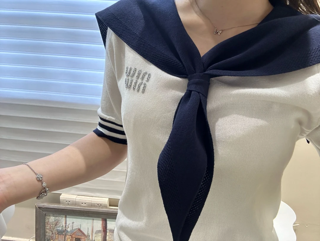蓝白短袖条纹莱赛尔天丝针织开衫女夏新款海军领撞色薄款别致上衣