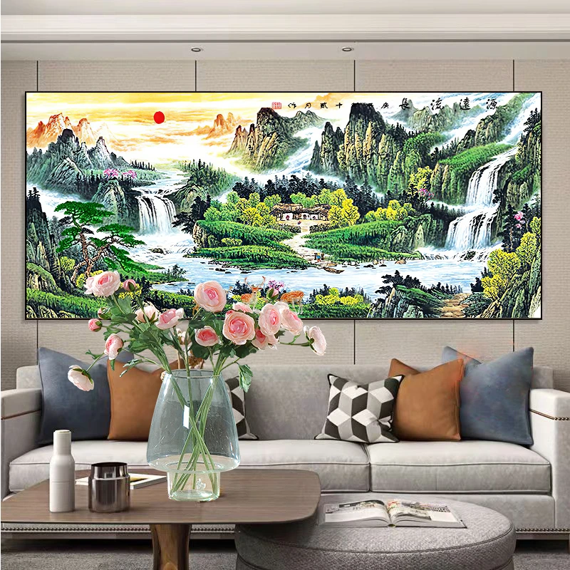 新款满绣十字绣山水风景画财源滚滚流水生财客厅办公室大幅手工绣