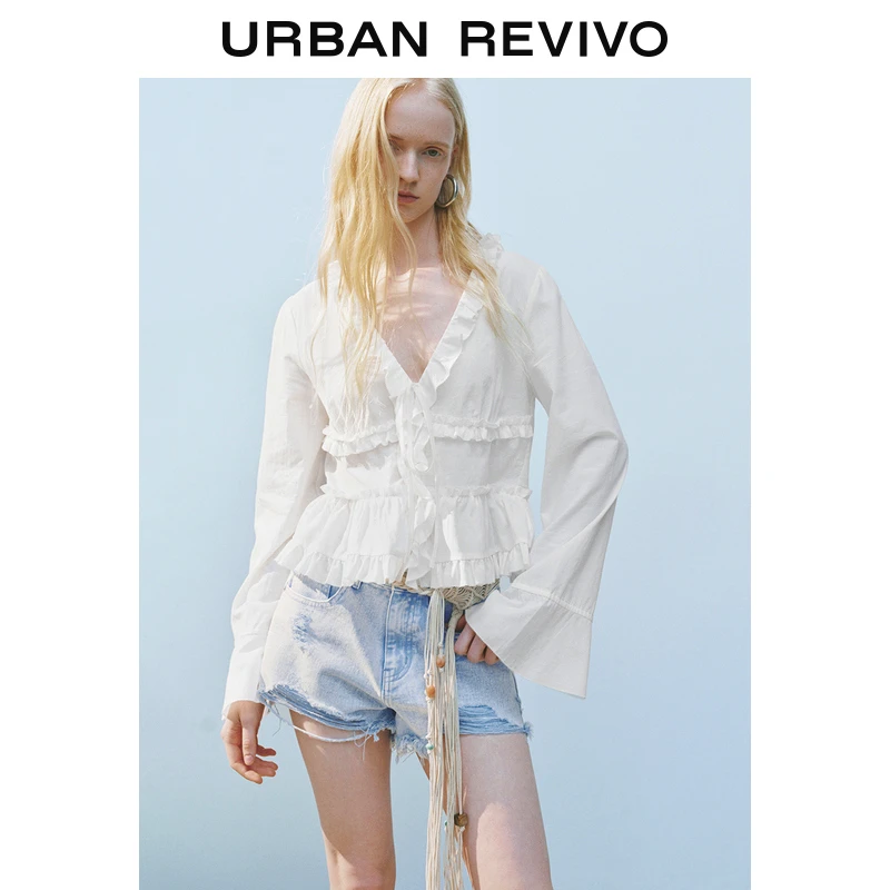 【一秒入夏】UR2025新款女装波嬉风木耳边V领长袖开襟衬衫UYL250052