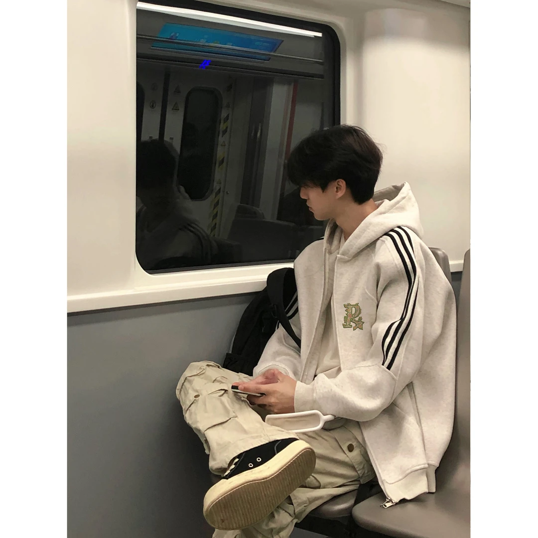 潮流仿刺绣字母印花开衫连帽卫衣男女秋冬三条杠宽松百搭拉链外套