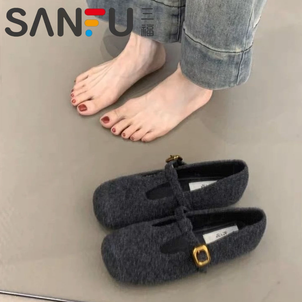 三福复古方头玛丽珍鞋女2025年秋季平底一字扣带T字软底绒面单鞋