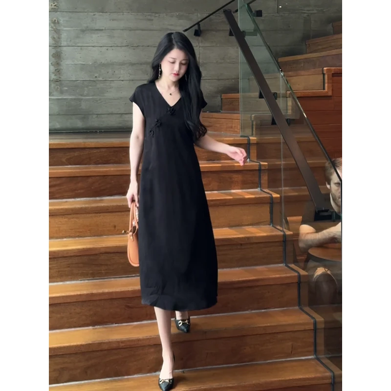 2139#新中式国风改良旗袍V领连衣裙夏季2025新款显瘦优雅气质长裙
