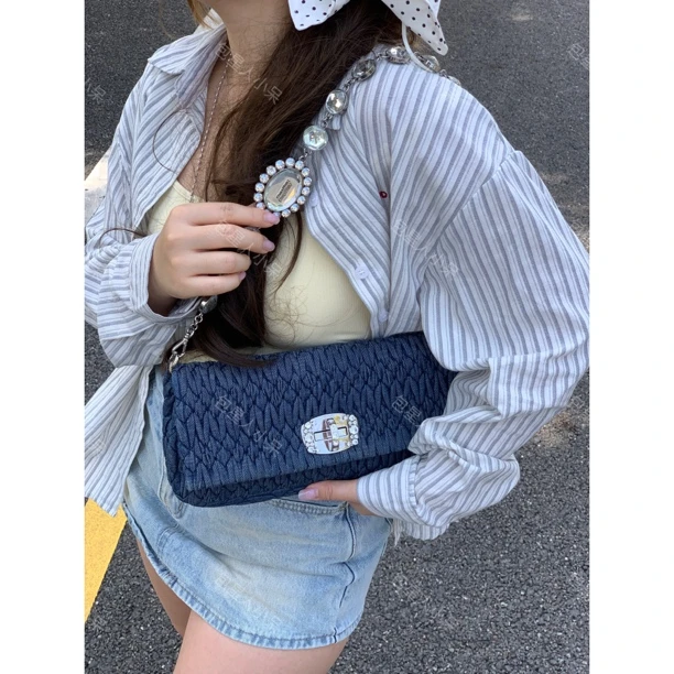 95新 MIU MIU/缪缪 初夏单宁系列钻链法棍包