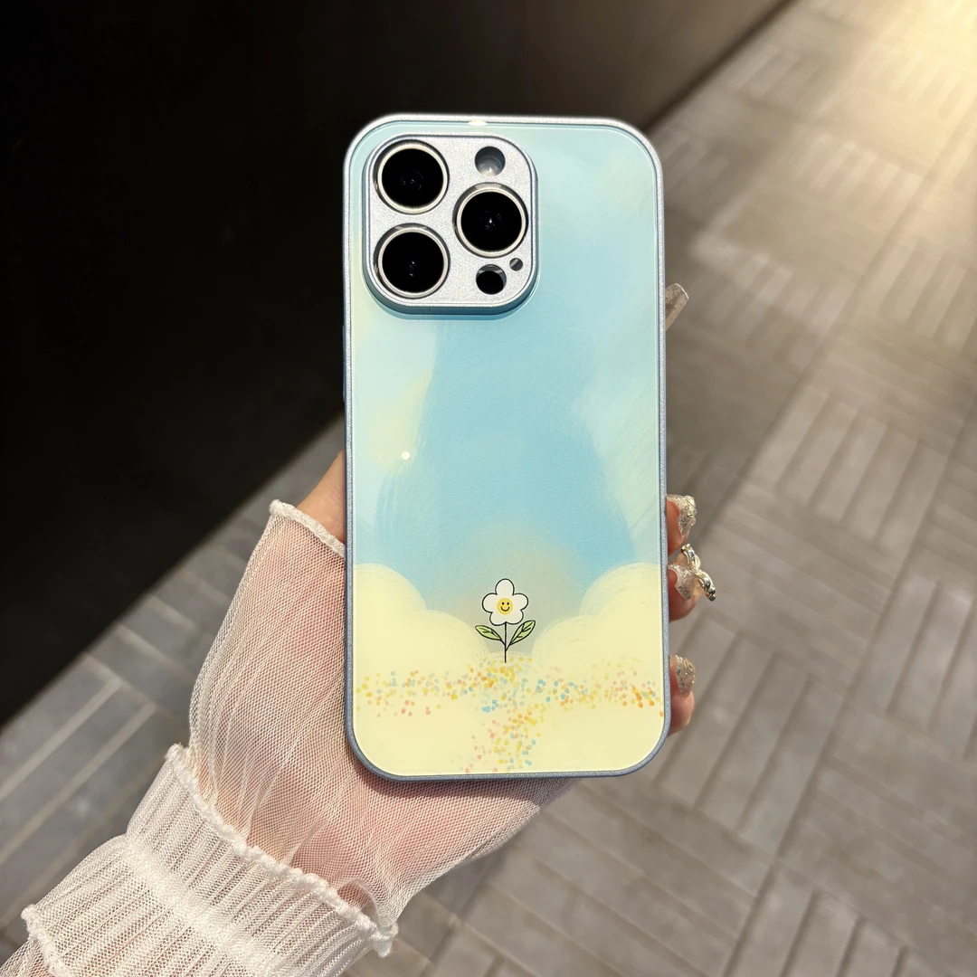 苹果/华为/oppo/vivo/小米 简约花朵适用iPhone16肤感玻璃手机壳