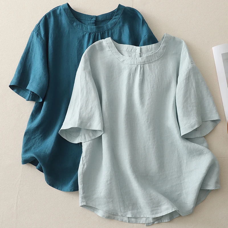 棉麻上衣女士夏季新款文艺复古纯色亚麻衬衫薄款宽松休闲短袖小衫