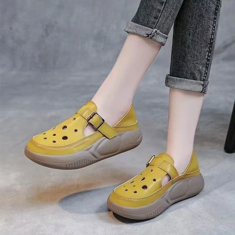 女鞋洞洞鞋圆头松糕跟低帮女包头复古单鞋平跟软底休闲春夏