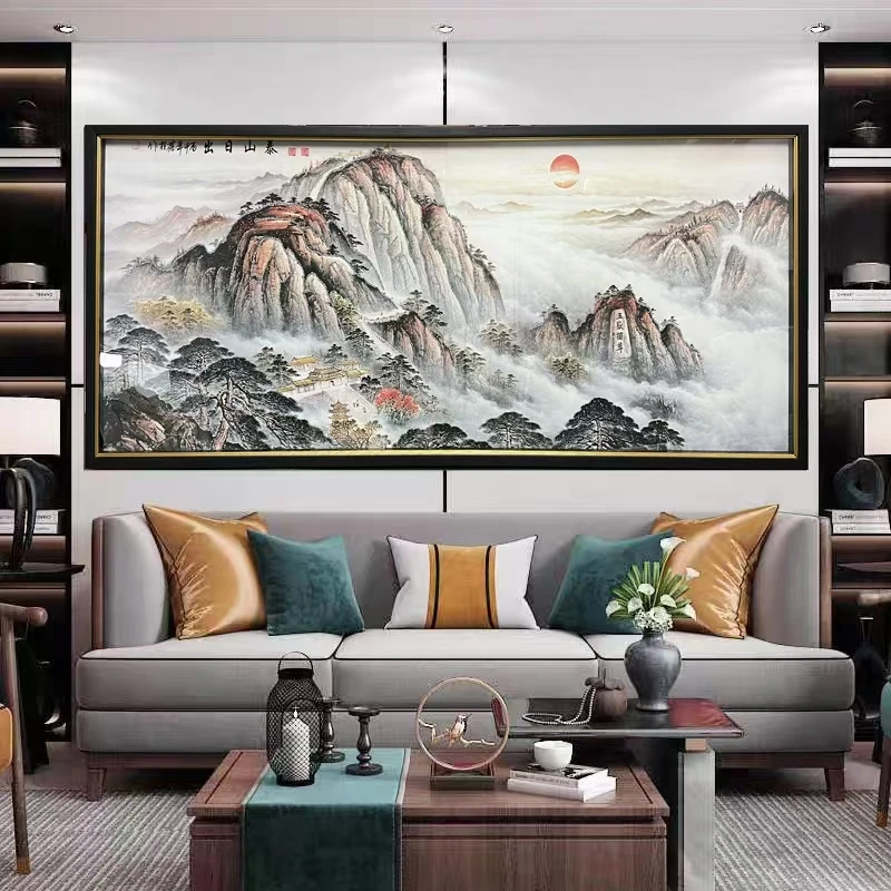 [喜宅家艺]Q71泰山日出 山水客厅轻奢沙发挂画钢化玻璃装裱鎏金画