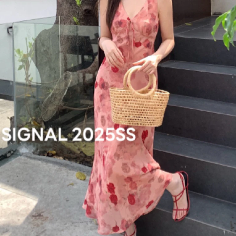 复古夏季少女中长款气质印花名媛风法式收腰碎花连衣裙