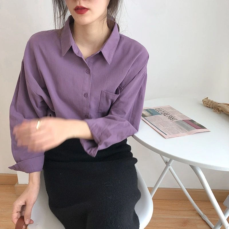 复古紫色衬衫女2025新款韩版设计感小众别致上衣早春气质长袖衬衣