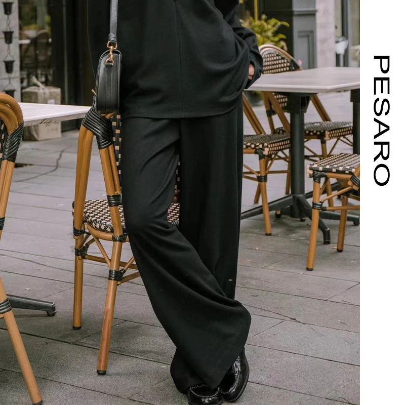 PESARO女款黑色高腰阔腿裤 垂坠感强宽松显瘦拖地休闲4209-6028