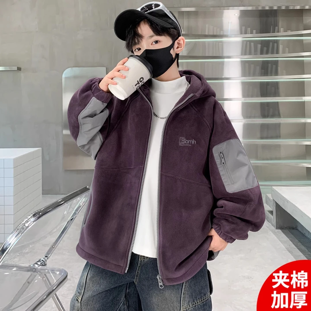 男童秋冬款外套夹棉加厚2025新款大童冬装男孩冬季儿童连帽摇粒绒