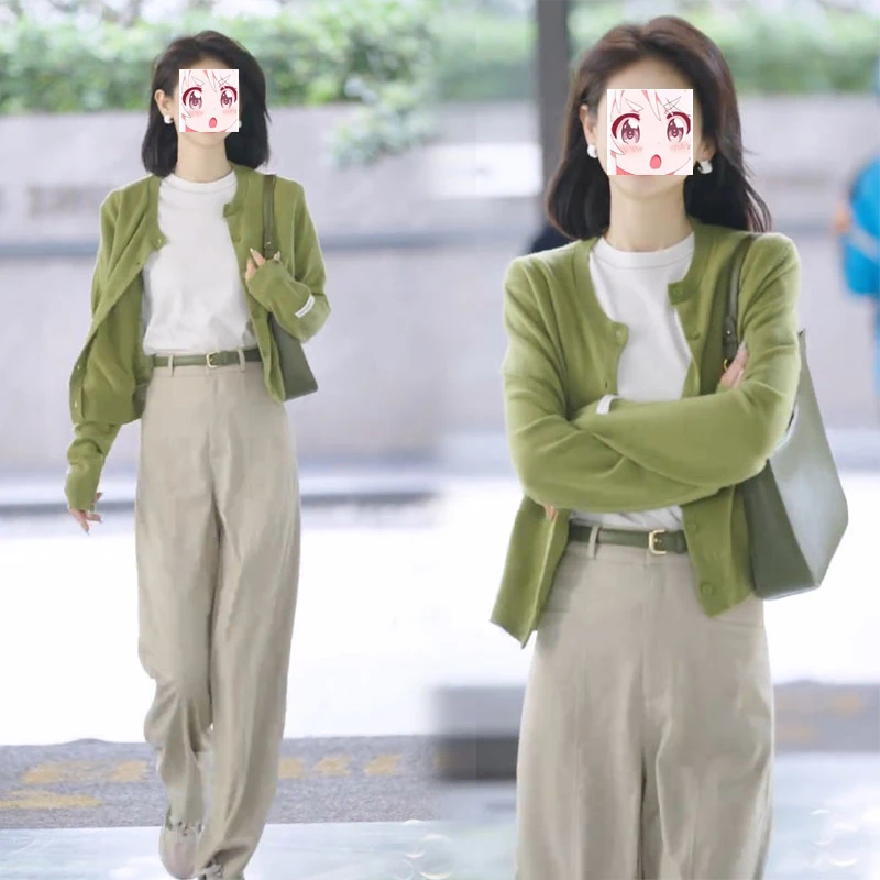 梨形显瘦2025秋季时尚短款长袖毛衣开衫直筒西装裤松弛感两件套装