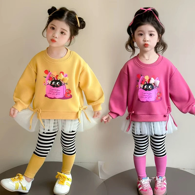 韩系女童套装秋季2025新款儿童卡通卫衣条纹打底裤女孩休闲两件套