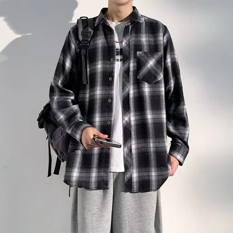 2025新款外套百搭秋季男士网格衬衫方领ins格子百搭潮流长袖上衣