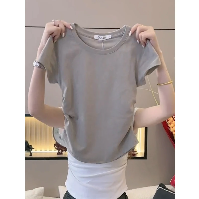 正肩短袖t恤女夏季2025新品纯棉褶皱显瘦不规则设计感洋气上衣ins