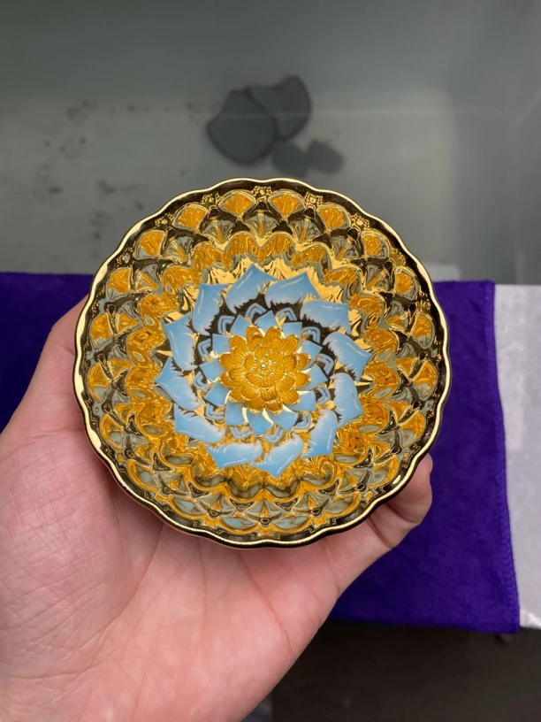 花开富贵蓝金莲花茶杯主人杯陶瓷.传统手工制作.匠心传承