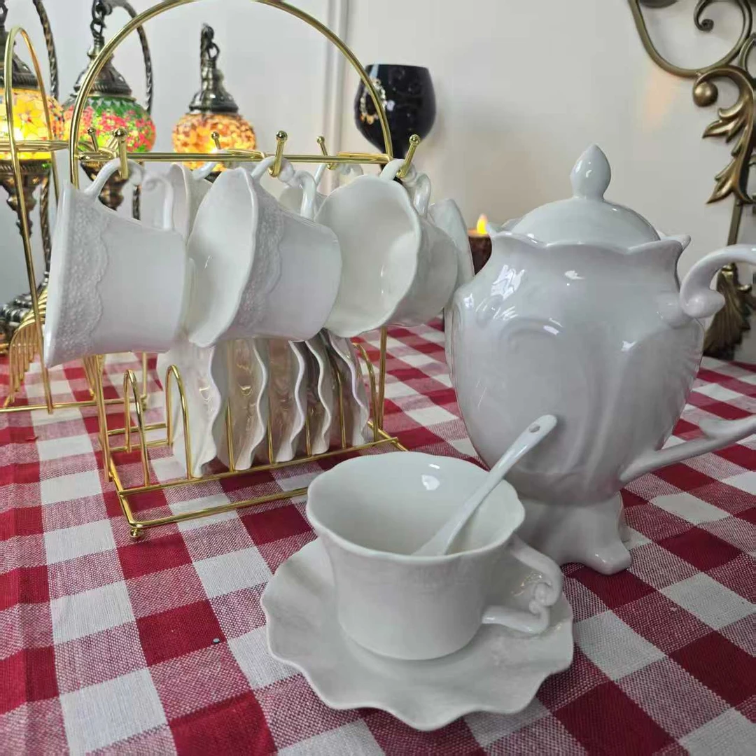 （hasoy新疆包邮）法式轻奢陶瓷壶杯架一套宫耐热水壶陶瓷茶壶一套