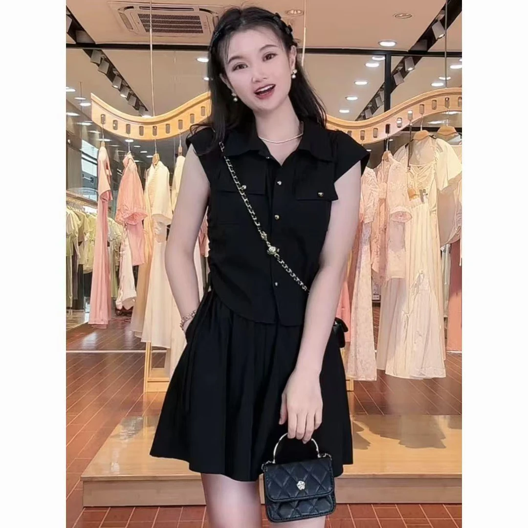 2025新款时尚套装小个子显瘦夏季美式工装减龄无袖衬衫短裤两件套