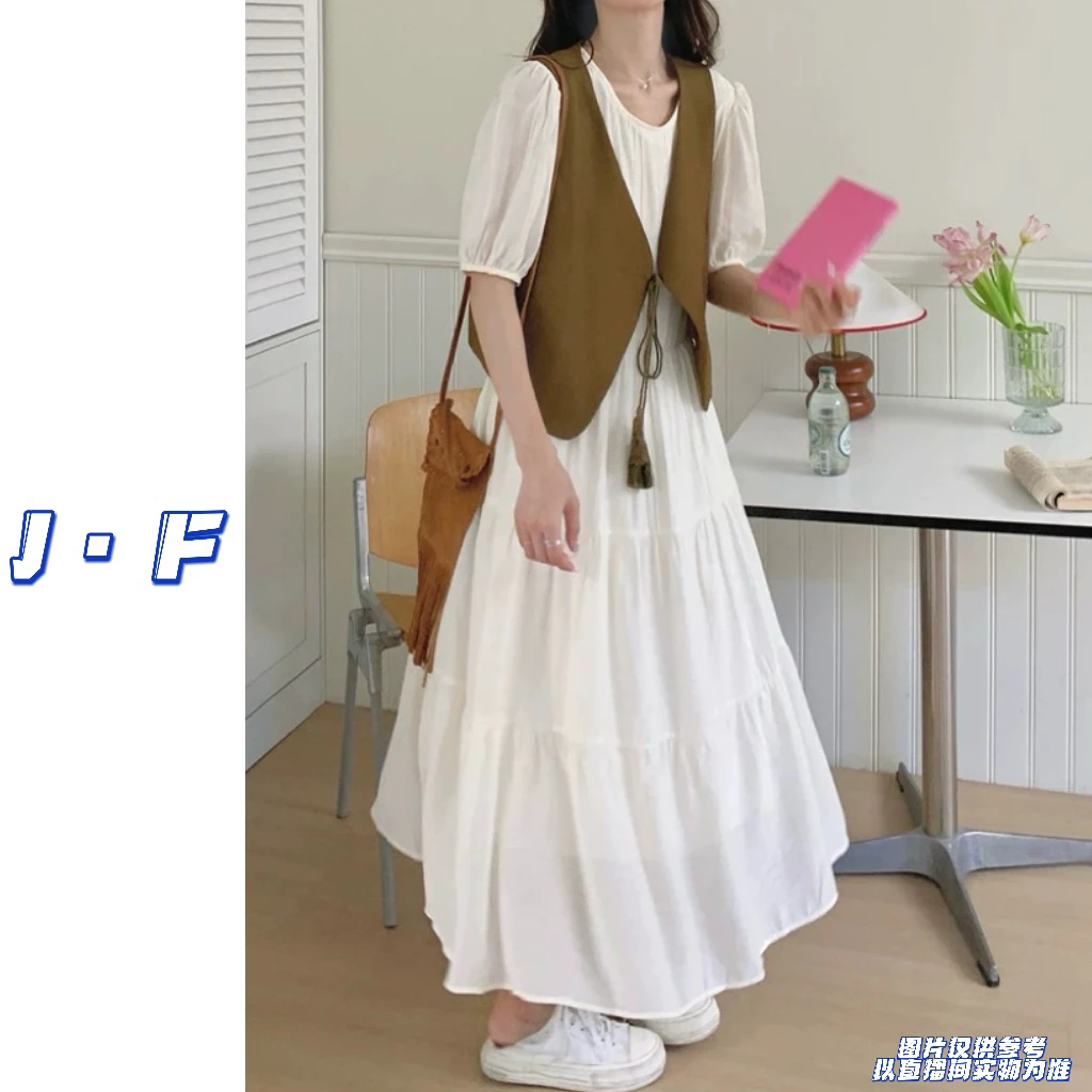 JF定制大码223港风文艺复古温柔风甜美纯色长裙流苏马甲两件套