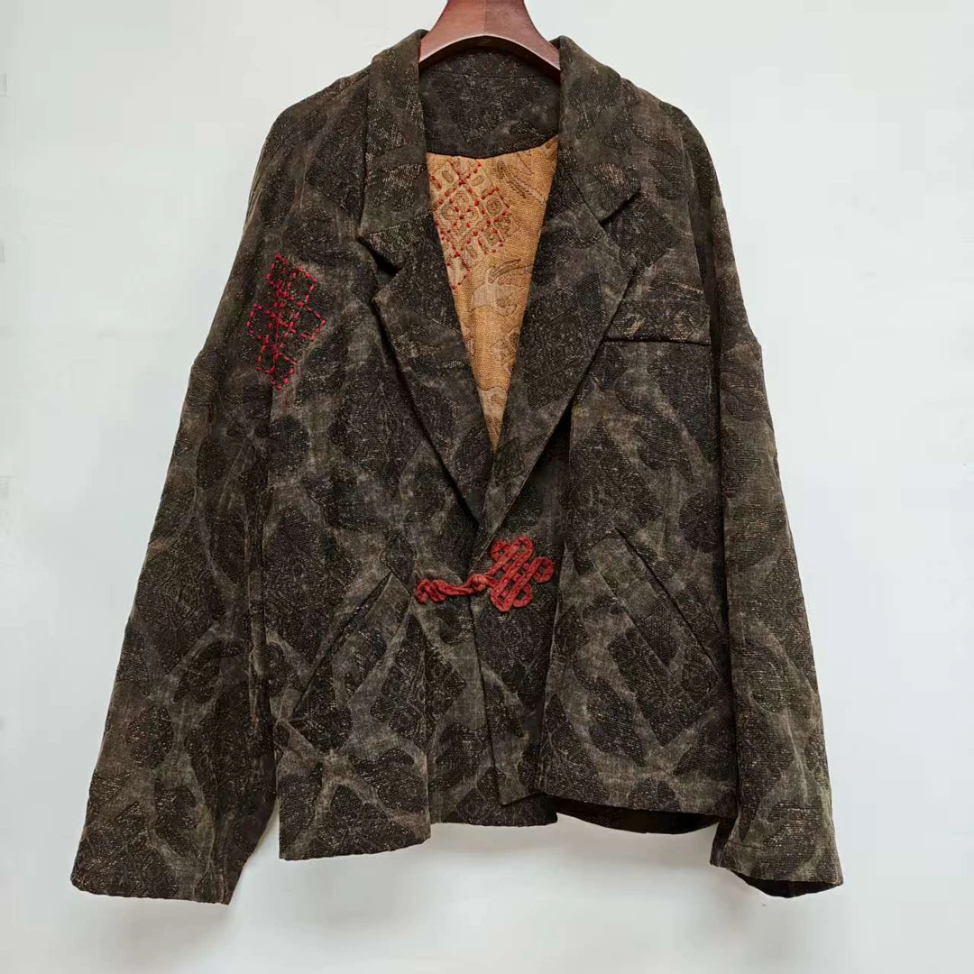 元始华风咖色柞蚕丝单扣外套-W