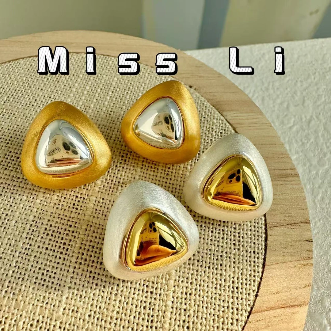 铜合金无非金属耳饰 拉丝三角形双色百搭时尚小众707