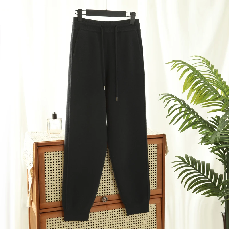 100%纯山羊绒休闲裤男士高腰松紧抽绳山羊绒束脚裤针织纯绒小脚裤