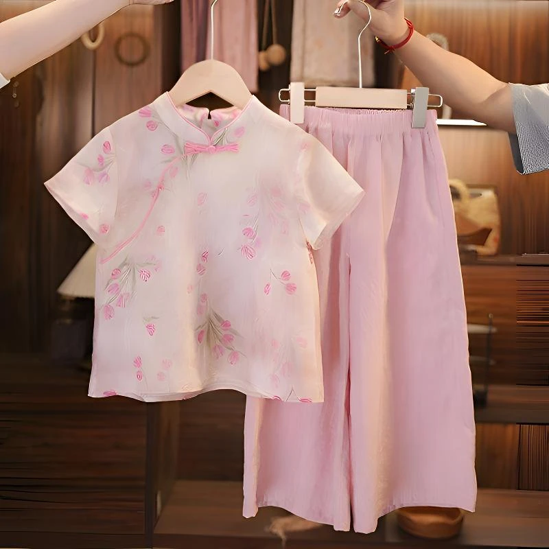 女童汉服套装夏季2025新款儿童中式夏装女孩盘扣上衣阔腿裤两件套