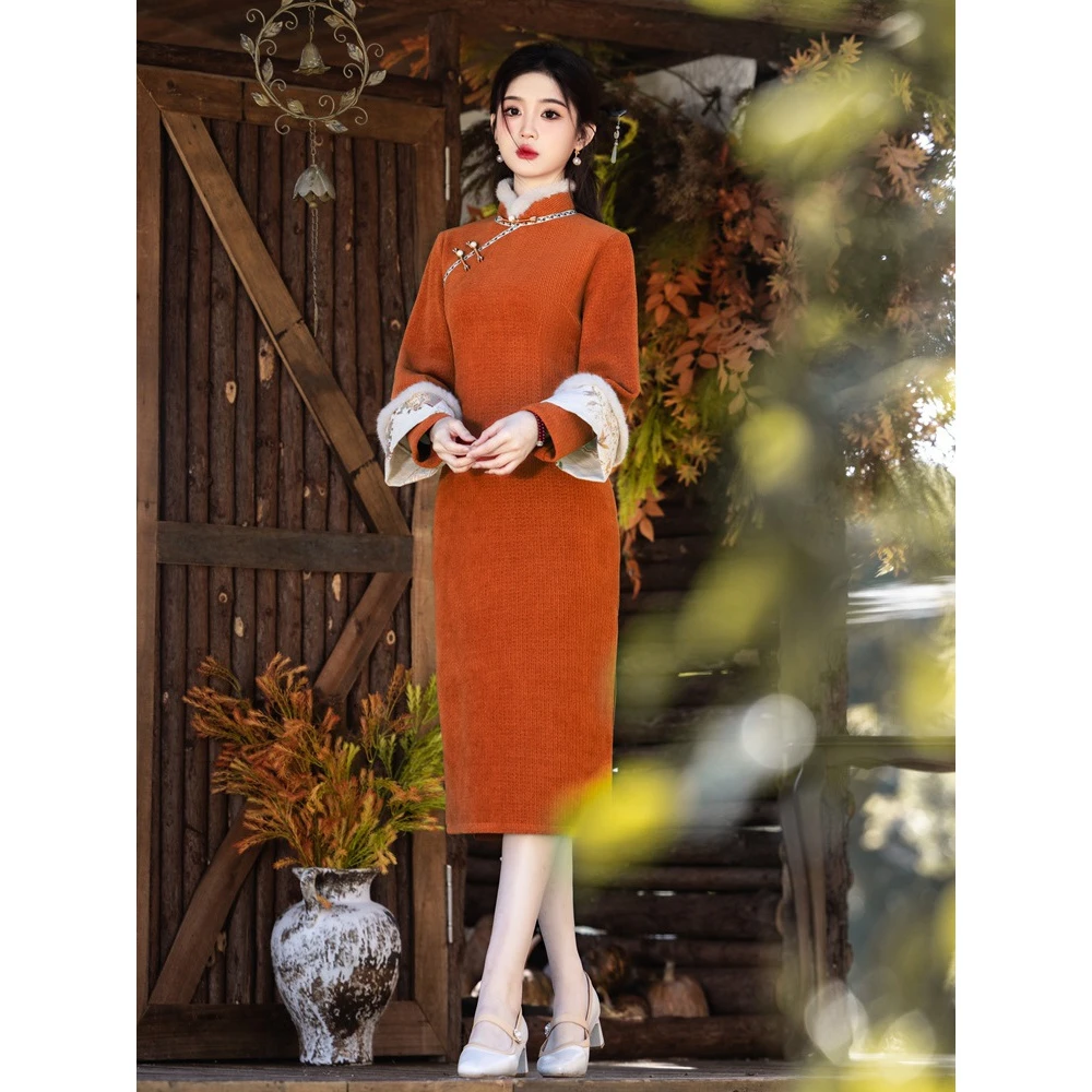 贝之韵雪尼尔倒大袖旗袍2024秋冬款新中式加绒加厚复古民国风