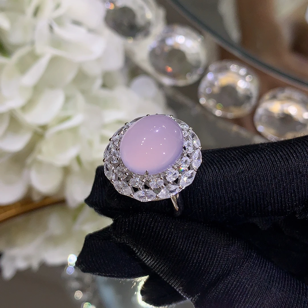 S925银镶嵌鸽子蛋戒圈天然紫罗兰玉髓蛋面戒指小众时尚轻奢款指环