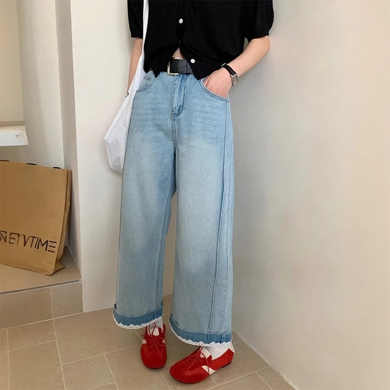 蕾丝翻边阔腿牛仔裤女2025秋季新款小个子高腰显瘦弹力阔腿九分裤