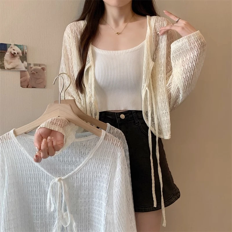 夏季薄款镂空冰丝防晒罩衫大码胖mm吊带外搭小坎肩绑带开衫上衣