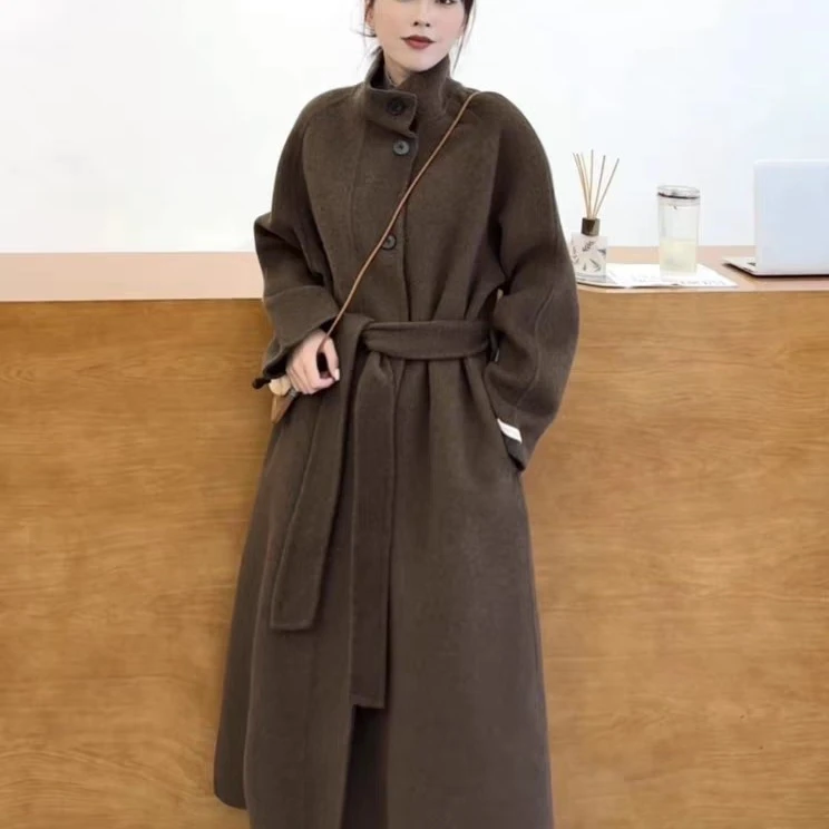 立领双面大衣女长款韩版系带双面绒外套秋冬新款