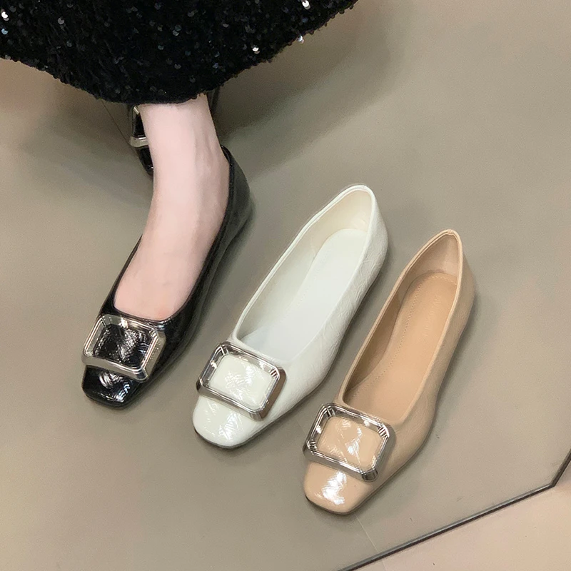 通勤方扣气质浅口单鞋百搭法式秋新款方头平底鞋女浅口