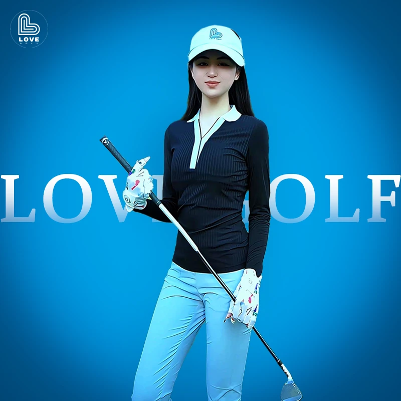 高尔夫组合新款女Lovegolf修身显瘦潮牌慵懒风黑色长袖浅蓝长裤