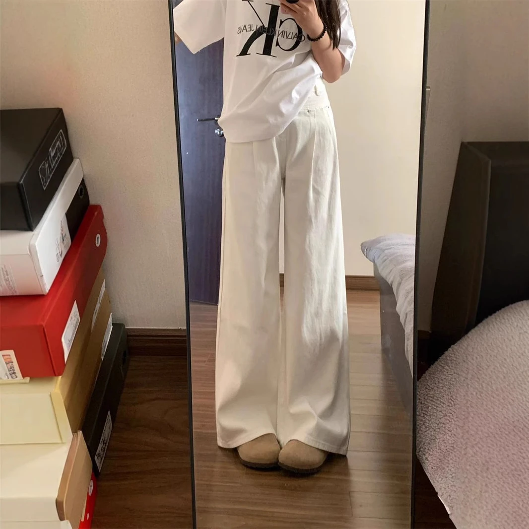 白色高腰牛仔裤2025春秋季新款显瘦宽松女款阔腿直筒休闲垂感长裤